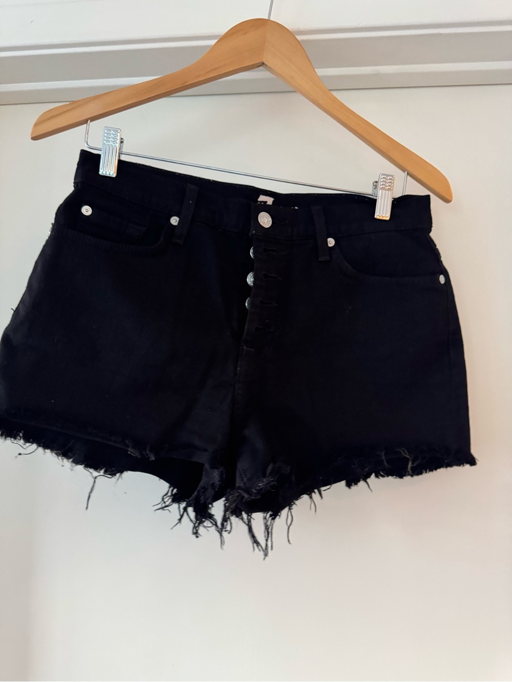 7 For All Mankind Black High-Rise Frayed Hem Jean Shorts
